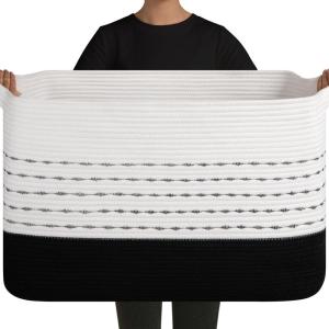 image:imageOIAHOMY 108L Extra Large Blanket Basket 25x16x16 Rectangle Woven Cotton Rope Baskets for for Living Room Toy Storage with Handle Gradient Light BrownGradient Black