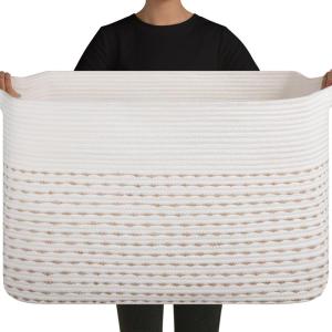 image:imageOIAHOMY 108L Extra Large Blanket Basket 25x16x16 Rectangle Woven Cotton Rope Baskets for for Living Room Toy Storage with Handle Gradient Light BrownLight Yellow  White
