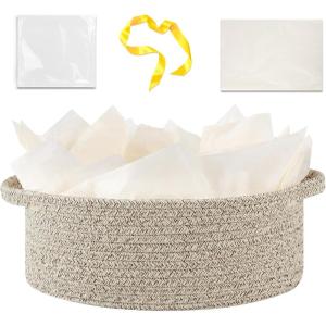 image:imageOIAHOMY Gift Basket with Handle Small Woven Basket with Gift Bag Ribbon and Wrap Tissue Paper Nursery Bins Empty to Fill with Small Items Baby Pet Toy Organizer  WhiteBrown