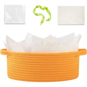 image:imageOIAHOMY Gift Basket with Handle Small Woven Basket with Gift Bag Ribbon and Wrap Tissue Paper Nursery Bins Empty to Fill with Small Items Baby Pet Toy Organizer  WhiteOrange