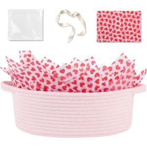 image:imageOIAHOMY Gift Basket with Handle Small Woven Basket with Gift Bag Ribbon and Wrap Tissue Paper Nursery Bins Empty to Fill with Small Items Baby Pet Toy Organizer  WhiteValentines Pink