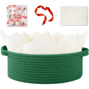 image:imageOIAHOMY Gift Basket with Handle Small Woven Basket with Gift Bag Ribbon and Wrap Tissue Paper Nursery Bins Empty to Fill with Small Items Baby Pet Toy Organizer  WhiteChristmas Green