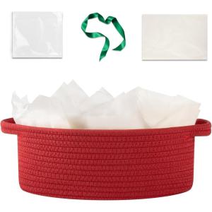 image:imageOIAHOMY Gift Basket with Handle Small Woven Basket with Gift Bag Ribbon and Wrap Tissue Paper Nursery Bins Empty to Fill with Small Items Baby Pet Toy Organizer  WhiteRed
