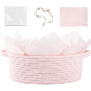 image:imageOIAHOMY Gift Basket with Handle Small Woven Basket with Gift Bag Ribbon and Wrap Tissue Paper Nursery Bins Empty to Fill with Small Items Baby Pet Toy Organizer  WhitePink