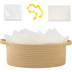 image:imageOIAHOMY Gift Basket with Handle Small Woven Basket with Gift Bag Ribbon and Wrap Tissue Paper Nursery Bins Empty to Fill with Small Items Baby Pet Toy Organizer  WhiteYellow