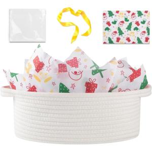 image:imageOIAHOMY Gift Basket with Handle Small Woven Basket with Gift Bag Ribbon and Wrap Tissue Paper Nursery Bins Empty to Fill with Small Items Baby Pet Toy Organizer  WhiteChristmas White