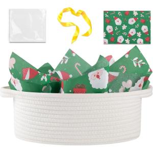 image:imageOIAHOMY Gift Basket with Handle Small Woven Basket with Gift Bag Ribbon and Wrap Tissue Paper Nursery Bins Empty to Fill with Small Items Baby Pet Toy Organizer  WhiteWhite  Green