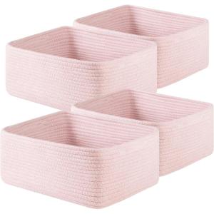 image:imageOIAHOMY 4 Pack 1417110263IN Storage Baskets for Organizing Shelves Woven Rope Baskets for Organizing Books Clothes Decorative Basket for Living Room Nursery Bedroom Gift Basket WhitePink