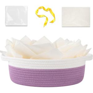 image:imageOIAHOMY Gift Basket Empty with Handle 12x 8x 5 Small Woven Basket with Gift Bag Ribbon and Wrap Tissue Paper Dog Toy Storage for Organizing  Pink amp WhiteLilac Purple  White