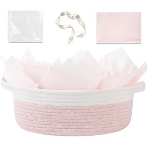 image:imageOIAHOMY Gift Basket Empty with Handle 12x 8x 5 Small Woven Basket with Gift Bag Ribbon and Wrap Tissue Paper Dog Toy Storage for Organizing  Pink amp WhitePink  White