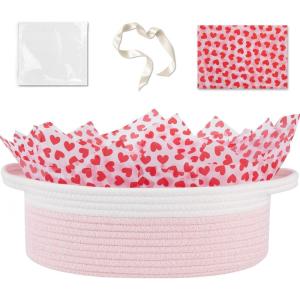 image:imageOIAHOMY Gift Basket Empty with Handle 12x 8x 5 Small Woven Basket with Gift Bag Ribbon and Wrap Tissue Paper Dog Toy Storage for Organizing  Pink amp WhiteValentines Pink