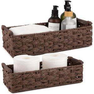 image:imageOIAHOMY Toilet Paper Baskets Handmade Paper Rope Decorative Wicker Storage Tank Shelf Cabinet Organizer for Bathroom Home Set of 2 GreenBrown