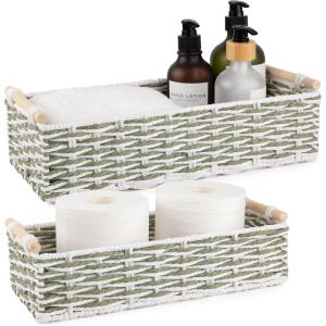 image:imageOIAHOMY Toilet Paper Baskets Handmade Paper Rope Decorative Wicker Storage Tank Shelf Cabinet Organizer for Bathroom Home Set of 2 GreenGreen  White