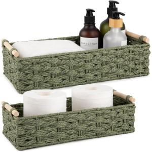 image:imageOIAHOMY Toilet Paper Baskets Handmade Paper Rope Decorative Wicker Storage Tank Shelf Cabinet Organizer for Bathroom Home Set of 2 GreenGreen