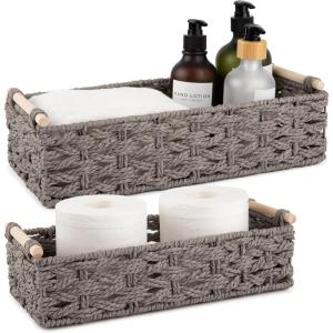 image:imageOIAHOMY Toilet Paper Baskets Handmade Paper Rope Decorative Wicker Storage Tank Shelf Cabinet Organizer for Bathroom Home Set of 2 GreenGrey