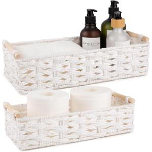 image:imageOIAHOMY Toilet Paper Baskets Handmade Paper Rope Decorative Wicker Storage Tank Shelf Cabinet Organizer for Bathroom Home Set of 2 GreenWhite