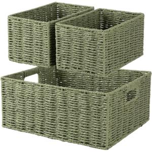image:imageOIAHOMY Wicker Baskets for Organizing Large and Small Shelf Baskets Set Handwoven Bins for StoragePaper Rope Home Organizers Set of 4YellowGreen