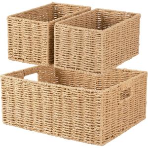 image:imageOIAHOMY Wicker Baskets for Organizing Large and Small Shelf Baskets Set Handwoven Bins for StoragePaper Rope Home Organizers Set of 4YellowYellow