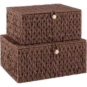 image:imageOIAHOMY Wicker Storage Basket with Lid amp Lock Lidded Storage Bins Decorative Baskets for Organizing Set of 2NaturalBrown