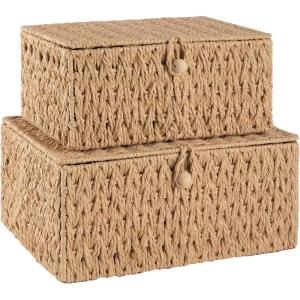 image:imageOIAHOMY Wicker Storage Basket with Lid amp Lock Lidded Storage Bins Decorative Baskets for Organizing Set of 2NaturalNatural