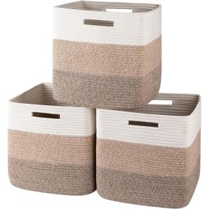 image:imageOIAHOMY 13 Kallax Inch Cube Storage Bins 3Pack Cotton Rope Woven Baskets for Organizing Kallax Insert Storage Baskets for Shelves Baby Nursery Closet Organizer 1313126IN Gradient BrownGradient Brown