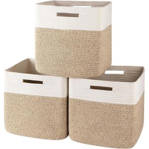image:imageOIAHOMY 13 Kallax Inch Cube Storage Bins 3Pack Cotton Rope Woven Baskets for Organizing Kallax Insert Storage Baskets for Shelves Baby Nursery Closet Organizer 1313126IN Gradient BrownWhite  Brown