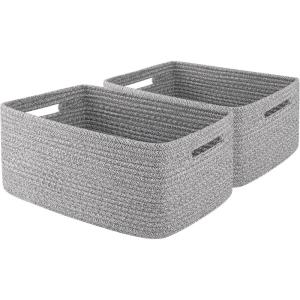 image:imageOIAHOMY Storage Basket for Shelves Closet Cube Storage Bins Baskets for Clothes Blanket Towels Baby Nursery Toy Baskets Box Woven Rope Basket 15751181709 IN 2 Packs BrownGrey