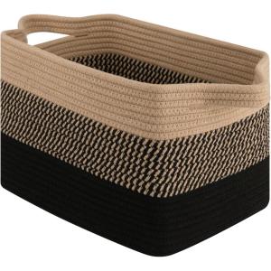 image:imageOIAHOMY Woven Storage Basket for Shelves Rectangle Cotton Rope Baskets for Organizing 13 x 10 x 9 in Storage Bins for Dog ToysTowelBooksGiftBrown and WhiteGradient Black Brown