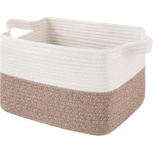 image:imageOIAHOMY Woven Storage Basket for Shelves Rectangle Cotton Rope Baskets for Organizing 13 x 10 x 9 in Storage Bins for Dog ToysTowelBooksGiftBrown and WhiteFlax Brown and White