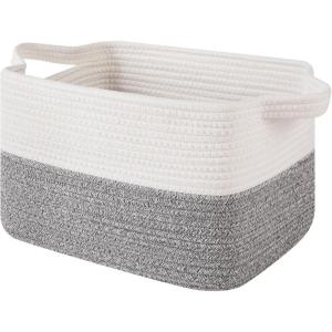 image:imageOIAHOMY Woven Storage Basket for Shelves Rectangle Cotton Rope Baskets for Organizing 13 x 10 x 9 in Storage Bins for Dog ToysTowelBooksGiftBrown and WhiteGrey and White