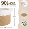 image:imageOIAHOMY 90L Blanket Basket for Living Room Large Basket 23 x 23 x 13 with Handle Laundry Hamper for Blankets Pillows Toy Storage for Kids Dogs  Brown amp WhiteYellow  White