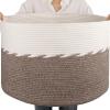 image:imageOIAHOMY 90L Blanket Basket for Living Room Large Basket 23 x 23 x 13 with Handle Laundry Hamper for Blankets Pillows Toy Storage for Kids Dogs  Brown amp WhiteBrown  White