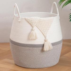 image:imageOIAHOMY 60L Blanket Basket with Handle Storage Basket for Living Room Laundry Hamper for Clothes Towels Pillows Toy Storage for Kids and Dogs Baby Hamper for Nursery  Brown amp WhiteGrey  White