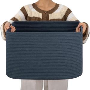 image:imageOIAHOMY 75L Blanket Basket Woven Cotton Rope Basket for Organizing 22x17x12 Used for Living Room Bedroom Nursery Light Yellow amp WhiteBlue