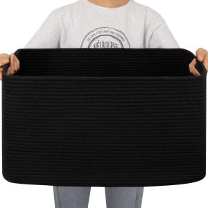 image:imageOIAHOMY 75L Blanket Basket Woven Cotton Rope Basket for Organizing 22x17x12 Used for Living Room Bedroom Nursery Light Yellow amp WhiteCharcoal Black