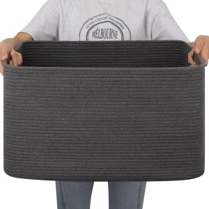 image:imageOIAHOMY 75L Blanket Basket Woven Cotton Rope Basket for Organizing 22x17x12 Used for Living Room Bedroom Nursery Light Yellow amp WhiteDark Grey