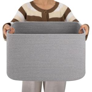 image:imageOIAHOMY 75L Blanket Basket Woven Cotton Rope Basket for Organizing 22x17x12 Used for Living Room Bedroom Nursery Light Yellow amp WhiteGrey