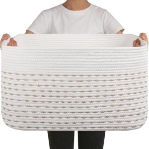 image:imageOIAHOMY 75L Blanket Basket Woven Cotton Rope Basket for Organizing 22x17x12 Used for Living Room Bedroom Nursery Light Yellow amp WhiteLight Yellow  White
