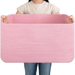 image:imageOIAHOMY 75L Blanket Basket Woven Cotton Rope Basket for Organizing 22x17x12 Used for Living Room Bedroom Nursery Light Yellow amp WhitePink