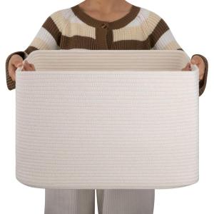 image:imageOIAHOMY 75L Blanket Basket Woven Cotton Rope Basket for Organizing 22x17x12 Used for Living Room Bedroom Nursery Light Yellow amp WhiteWhite