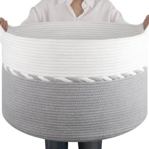 image:imageOIAHOMY 90L Blanket Basket for Living Room Large Basket 23 x 23 x 13 with Handle Laundry Hamper for Blankets Pillows Toy Storage for Kids Dogs  Brown amp WhiteGrey  White