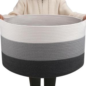image:imageOIAHOMY 90L Blanket Basket for Living Room Large Basket 23 x 23 x 13 with Handle Laundry Hamper for Blankets Pillows Toy Storage for Kids Dogs  Brown amp WhiteGardient Dark Grey