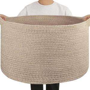 image:imageOIAHOMY 90L Blanket Basket for Living Room Large Basket 23 x 23 x 13 with Handle Laundry Hamper for Blankets Pillows Toy Storage for Kids Dogs  Brown amp WhiteBrown