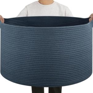 image:imageOIAHOMY 90L Blanket Basket for Living Room Large Basket 23 x 23 x 13 with Handle Laundry Hamper for Blankets Pillows Toy Storage for Kids Dogs  Brown amp WhiteBlue