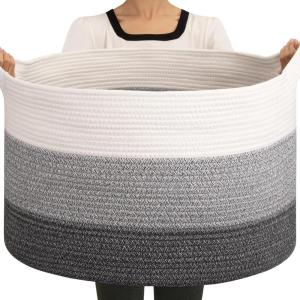 image:imageOIAHOMY 90L Blanket Basket for Living Room Large Basket 23 x 23 x 13 with Handle Laundry Hamper for Blankets Pillows Toy Storage for Kids Dogs  Brown amp WhiteGradient Grey