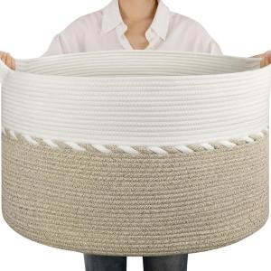 image:imageOIAHOMY 90L Blanket Basket for Living Room Large Basket 23 x 23 x 13 with Handle Laundry Hamper for Blankets Pillows Toy Storage for Kids Dogs  Brown amp WhiteLight Brown  White
