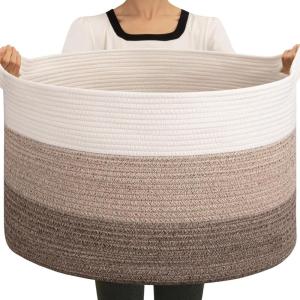 image:imageOIAHOMY 90L Blanket Basket for Living Room Large Basket 23 x 23 x 13 with Handle Laundry Hamper for Blankets Pillows Toy Storage for Kids Dogs  Brown amp WhiteGradient Brown