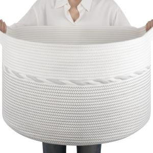 image:imageOIAHOMY 90L Blanket Basket for Living Room Large Basket 23 x 23 x 13 with Handle Laundry Hamper for Blankets Pillows Toy Storage for Kids Dogs  Brown amp WhiteLight Grey  White
