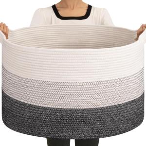 image:imageOIAHOMY 90L Blanket Basket for Living Room Large Basket 23 x 23 x 13 with Handle Laundry Hamper for Blankets Pillows Toy Storage for Kids Dogs  Brown amp WhiteBlack and White