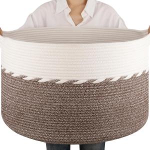 image:imageOIAHOMY 90L Blanket Basket for Living Room Large Basket 23 x 23 x 13 with Handle Laundry Hamper for Blankets Pillows Toy Storage for Kids Dogs  Brown amp WhiteBrown  White
